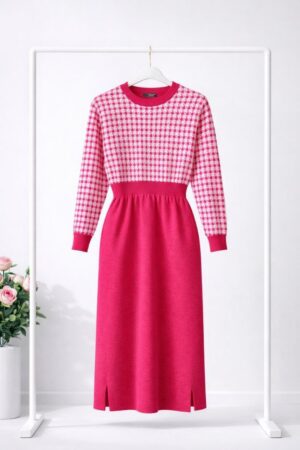 Women's Houndstooth Knit Sweater Dress - Premium Wool Blend