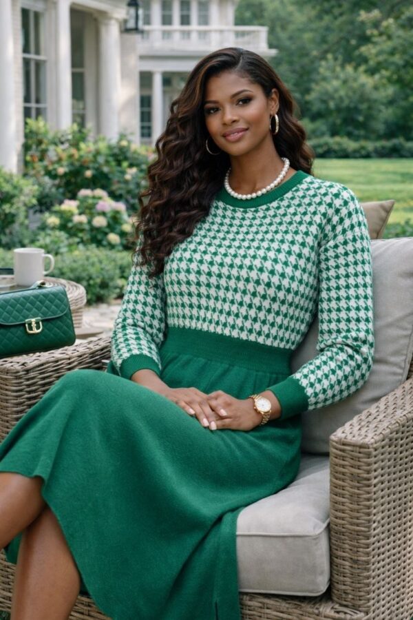 Women's Houndstooth Knit Sweater Dress - Premium Wool Blend