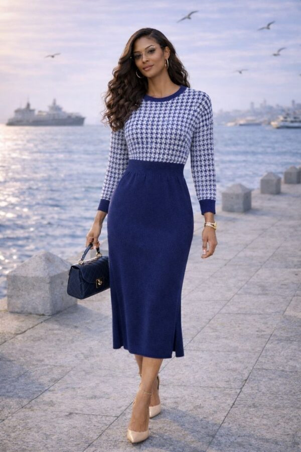 Women's Houndstooth Knit Sweater Dress - Premium Wool Blend