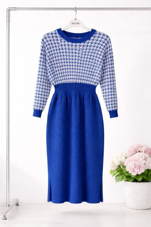 Women's Houndstooth Knit Sweater Dress - Premium Wool Blend