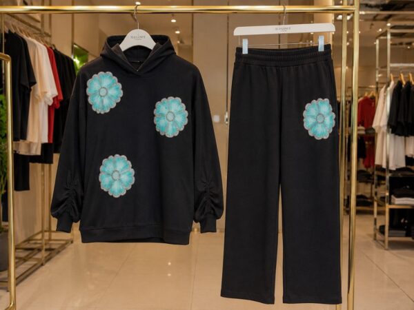 Black Flower Print Hoodie & Pants Set