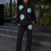 Black Flower Print Hoodie & Pants Set