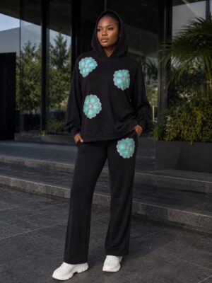 Black Flower Print Hoodie & Pants Set