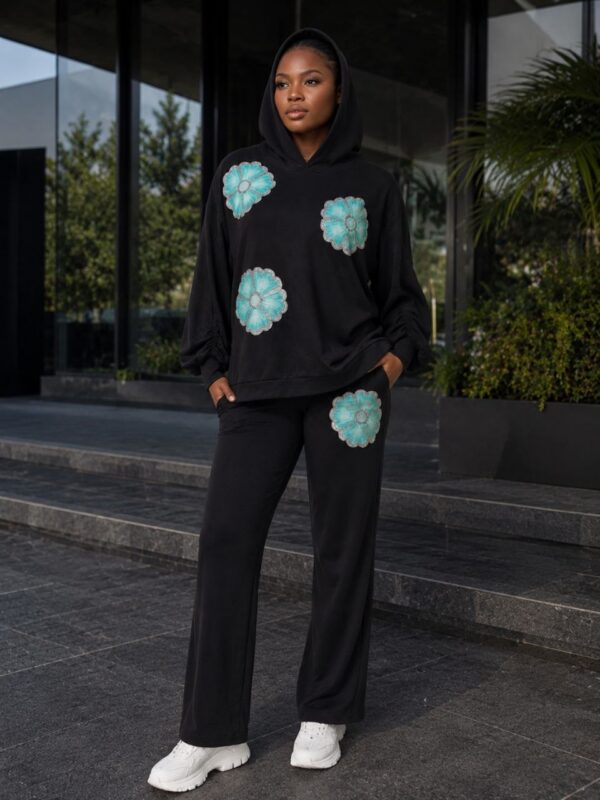 Black Flower Print Hoodie & Pants Set