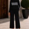 Black Gingham Colorblock Knit Sweater & Culotte Pants Set