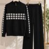 Black Gingham Colorblock Knit Sweater & Culotte Pants Set