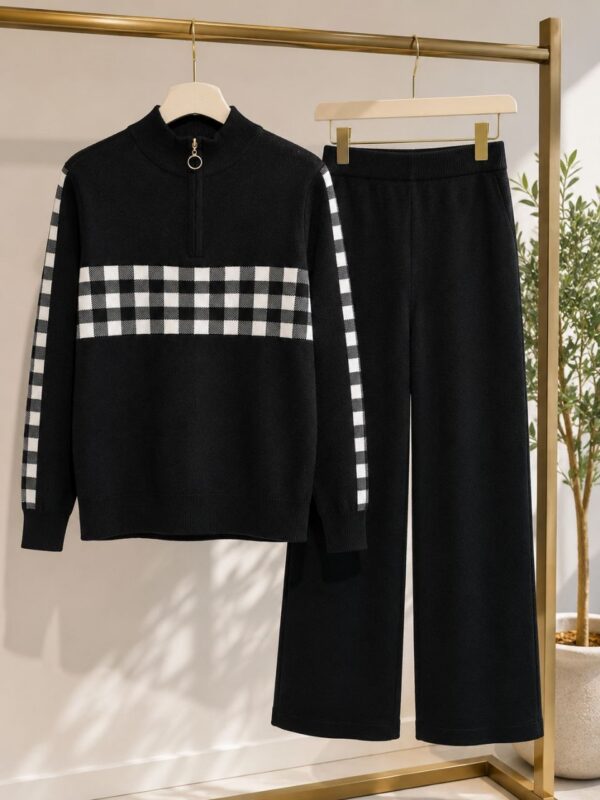 Black Gingham Colorblock Knit Sweater & Culotte Pants Set