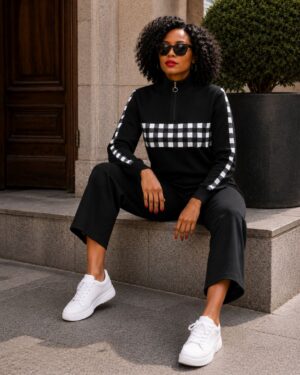 Black Gingham Colorblock Knit Sweater & Culotte Pants Set