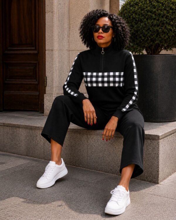 Black Gingham Colorblock Knit Sweater & Culotte Pants Set