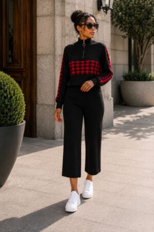 Black Red Plaid Knit Set - Sweater and Pants Combo