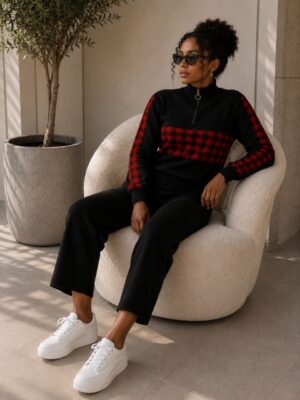 Black Red Plaid Knit Set - Sweater and Pants Combo