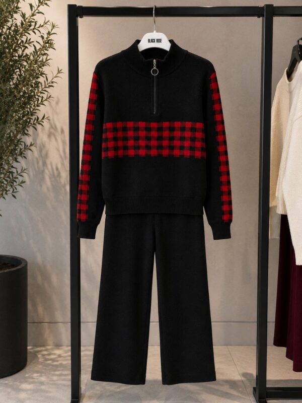 Black Red Plaid Knit Set - Sweater and Pants Combo