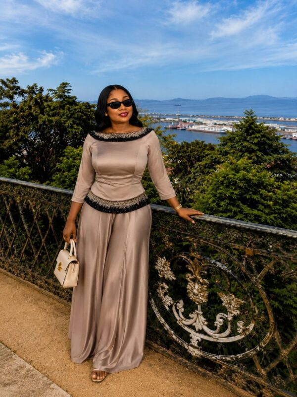 Premium Two-Piece Taupe Set with Embellished Trim