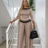 Premium Two-Piece Taupe Set with Embellished Trim