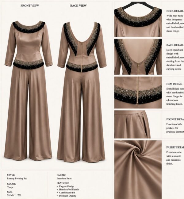 Premium Two-Piece Taupe Set with Embellished Trim