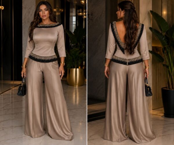 Premium Two-Piece Taupe Set with Embellished Trim
