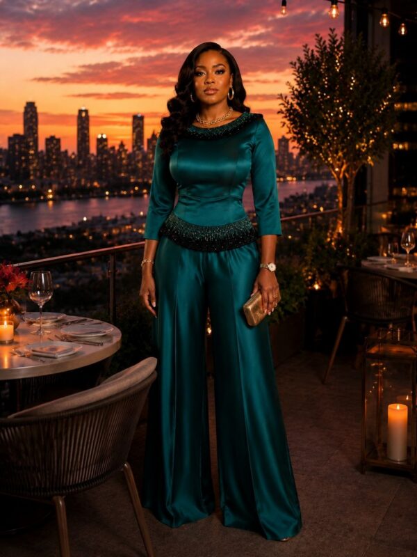 Premium Two-Piece Emerald Green Satin Set