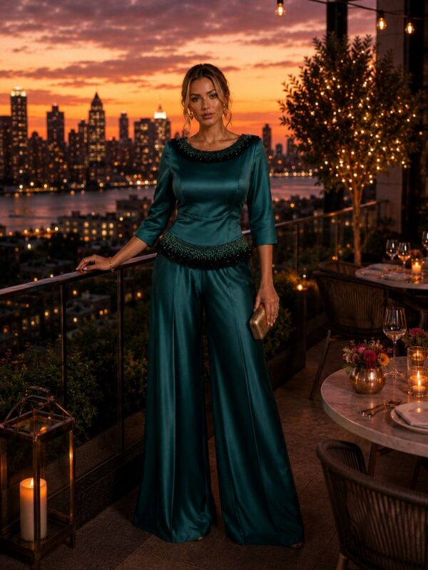 Premium Two-Piece Emerald Green Satin Set