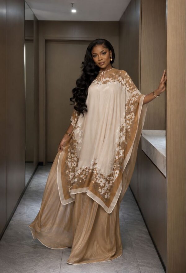 Premium Evening Dress with Lace Cape - Cream & Gold