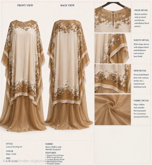 Premium Evening Dress with Lace Cape - Cream & Gold