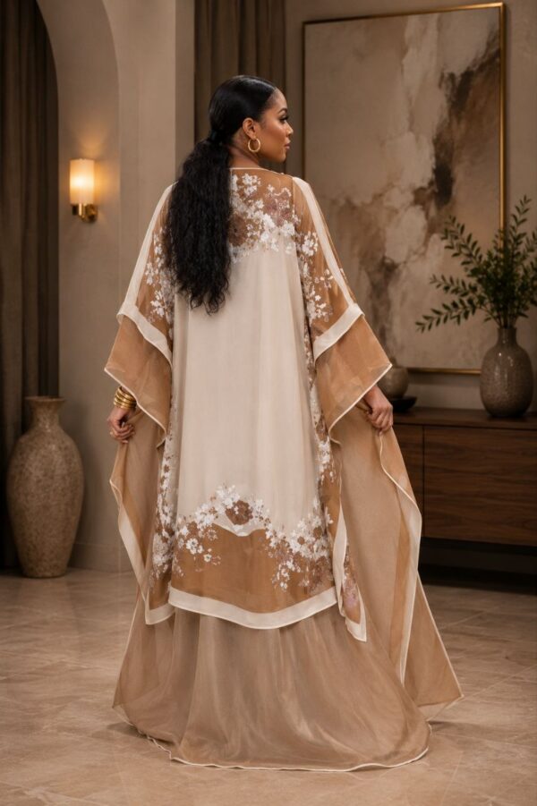 Premium Evening Dress with Lace Cape - Cream & Gold
