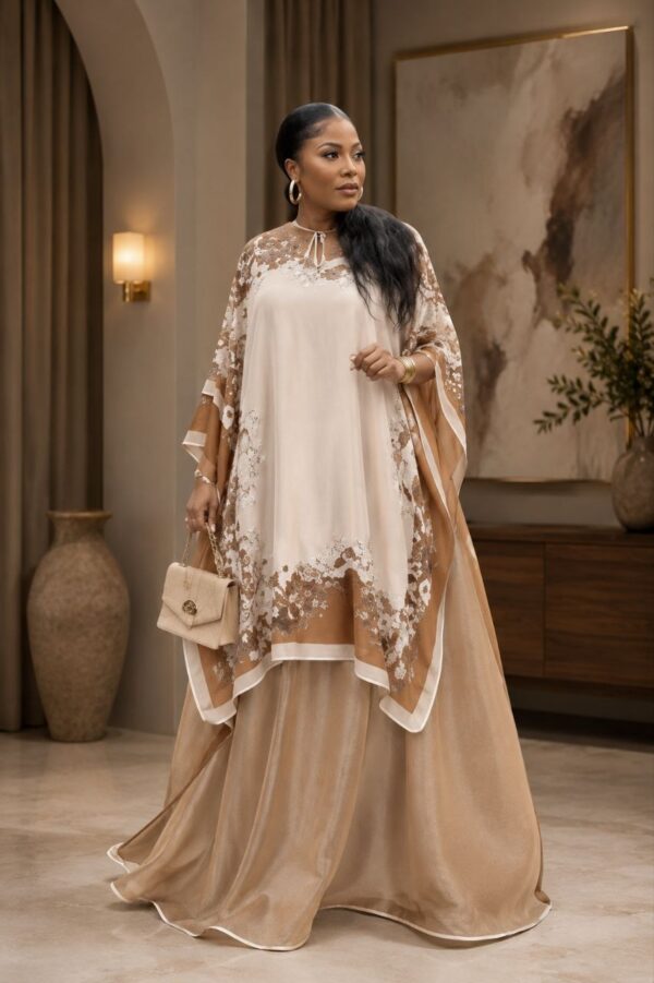 Premium Evening Dress with Lace Cape - Cream & Gold