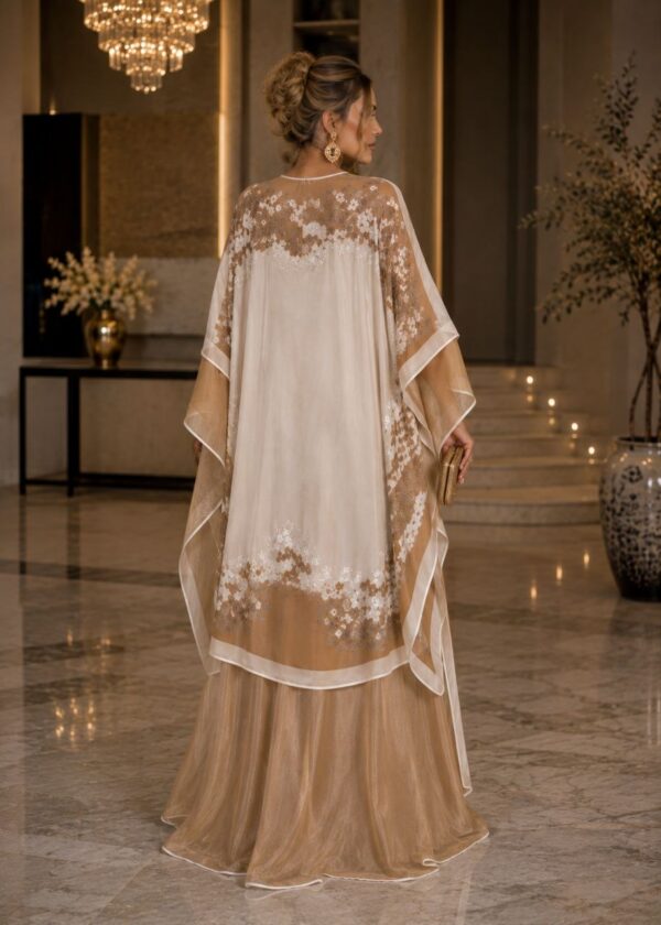 Premium Evening Dress with Lace Cape - Cream & Gold