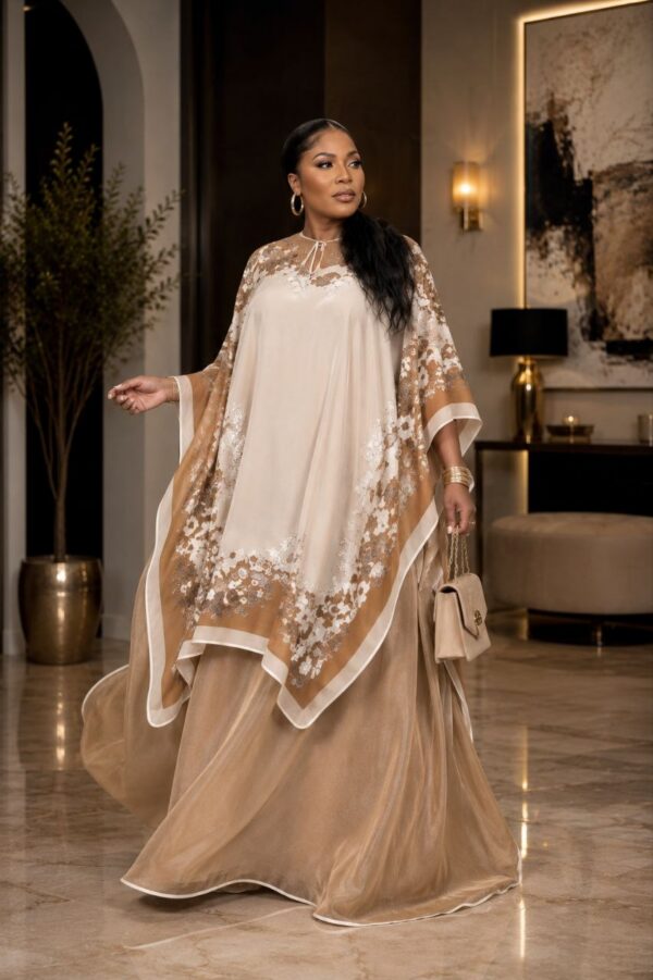 Premium Evening Dress with Lace Cape - Cream & Gold