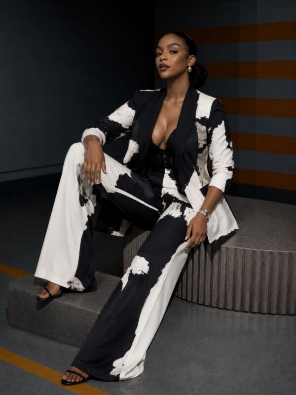 Black & White Color Block Suit Set - Jacket & Pants
