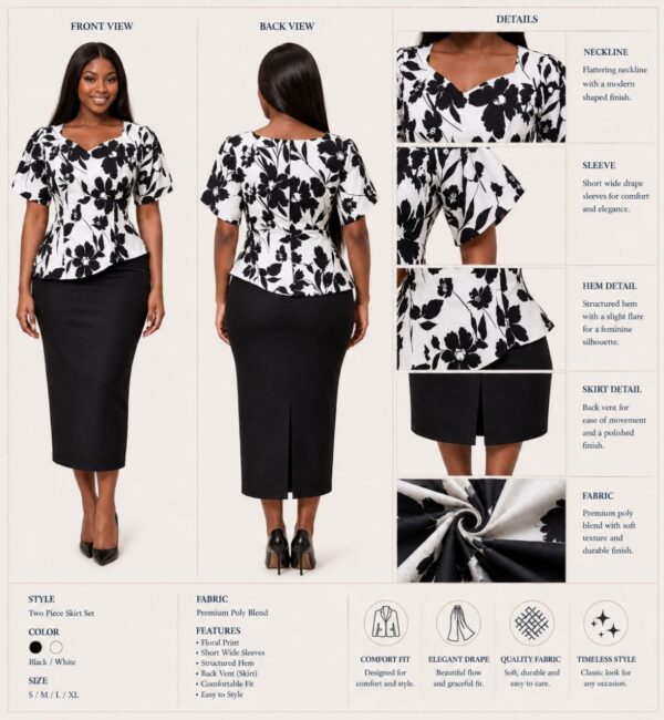 Premium Black & White Floral Peplum Dress - Wholesale