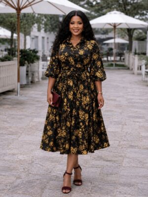 Black & Gold Floral Evening Dress