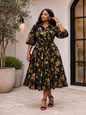Black & Gold Floral Evening Dress
