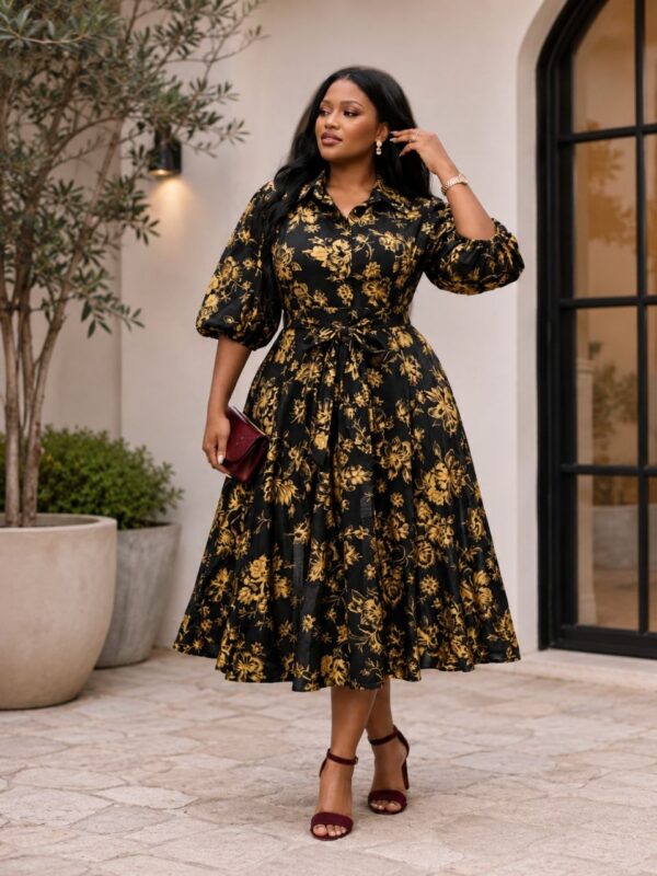 Black & Gold Floral Evening Dress