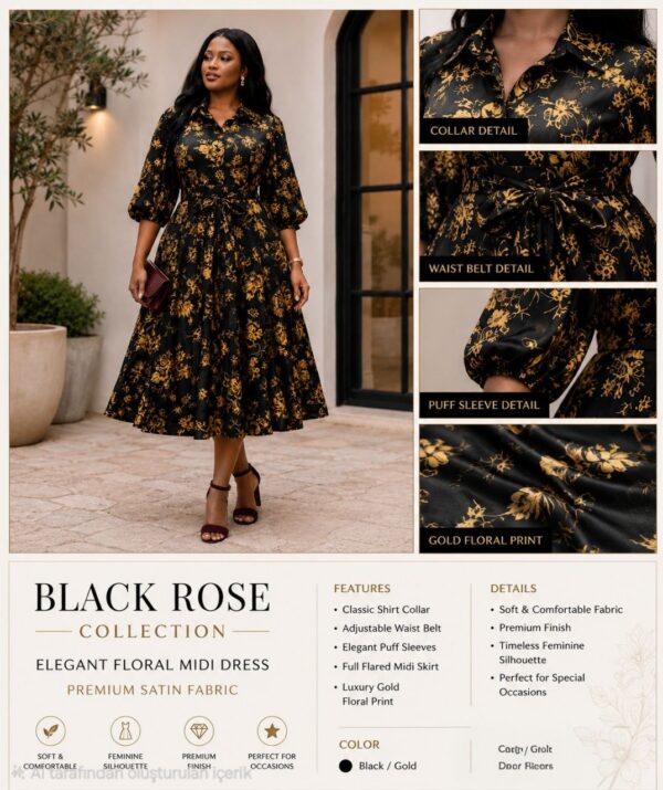 Black & Gold Floral Evening Dress