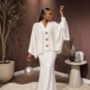 Premium White Crepe Evening Dress with Cape Overlay