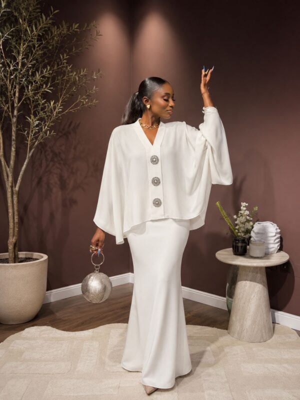 Premium White Crepe Evening Dress with Cape Overlay