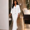 Premium White Crepe Evening Dress with Cape Overlay