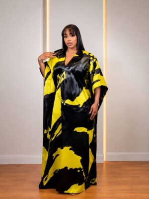 Premium Evening Dress - Yellow & Black Geometric Pattern