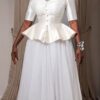 Elegant Peplum Evening Dress - White Satin Tulle