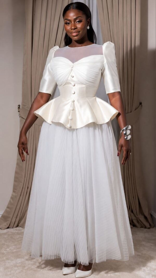 Elegant Peplum Evening Dress - White Satin Tulle