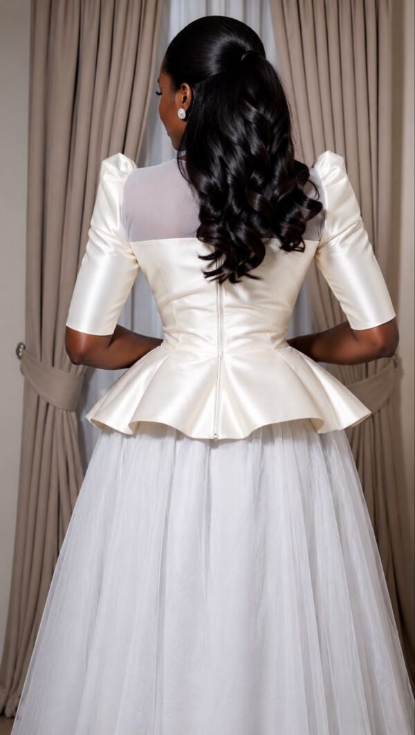 Elegant Peplum Evening Dress - White Satin Tulle
