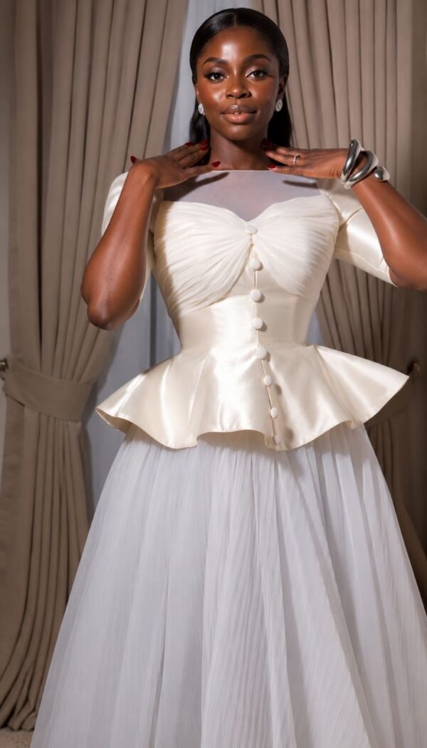 Elegant Peplum Evening Dress - White Satin Tulle