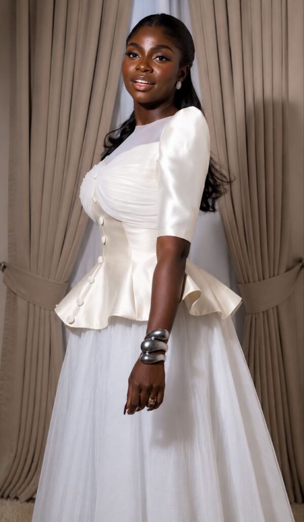 Elegant Peplum Evening Dress - White Satin Tulle