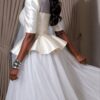 Elegant Peplum Evening Dress - White Satin Tulle