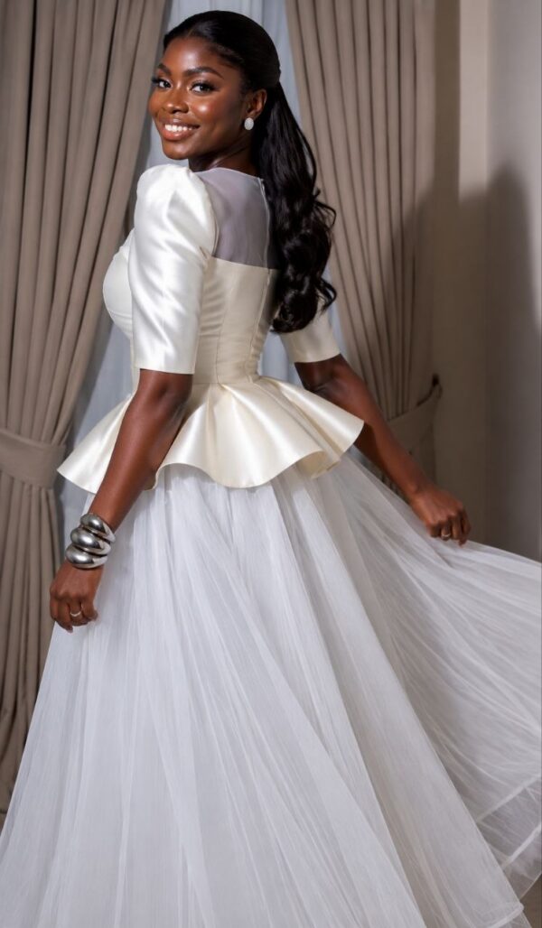 Elegant Peplum Evening Dress - White Satin Tulle