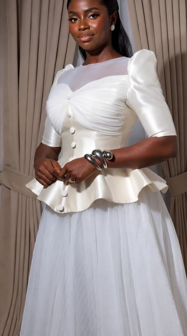 Elegant Peplum Evening Dress - White Satin Tulle