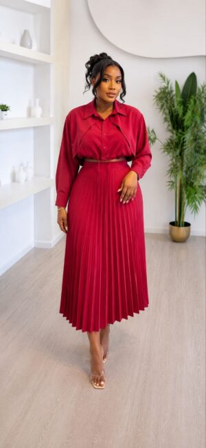 Premium Red Pleated Shirt Dress - Wholesale