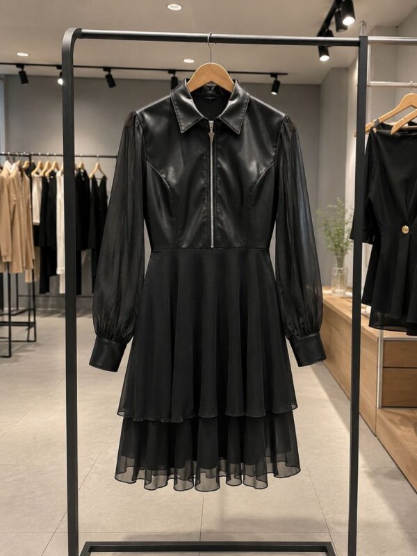 Premium Black Dress with Leather Bodice