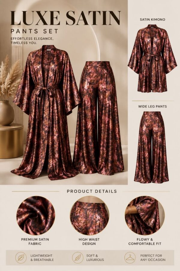 Luxe Satin Kimono & Wide Leg Pants Set