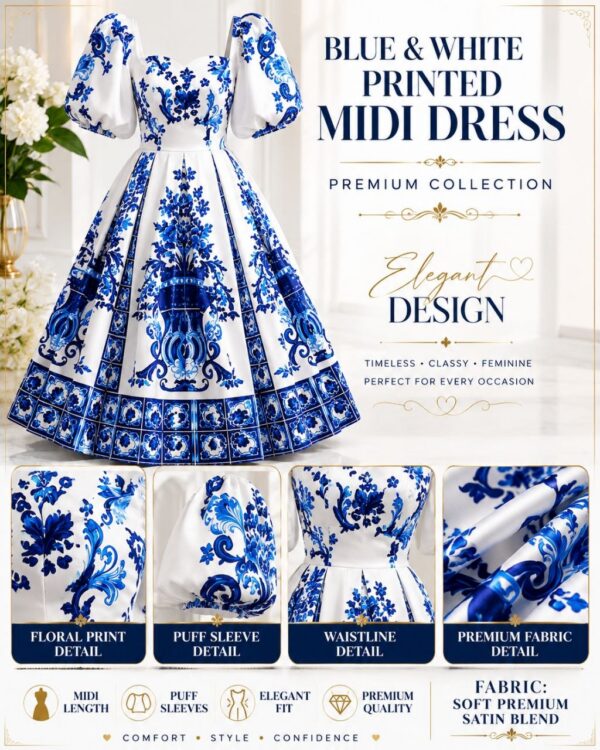 Blue & White Floral Print Dress - Wholesale Fashion